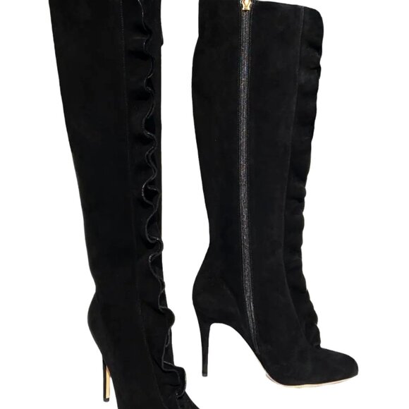 NEW VALENTINO GARAVANI BLACK SUEDE RUFFLE EMBELLISH KNEE BOOTS ITALIAN 36.5 - Picture 2 of 8